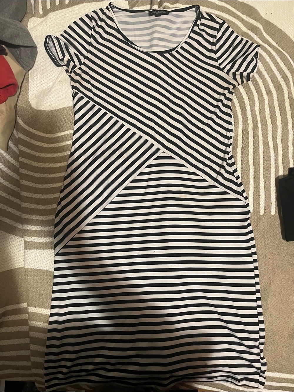 Notations Black and White Striped Short-Sleeve Midi Dress